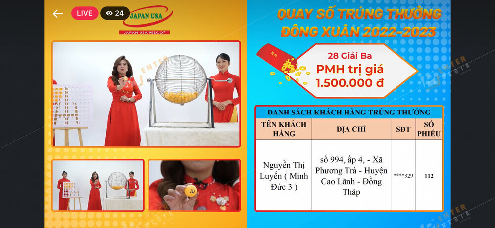 Hình ảnh thể hiện trong phiên livestream quay số trúng thưởng của công ty Nhật Mỹ